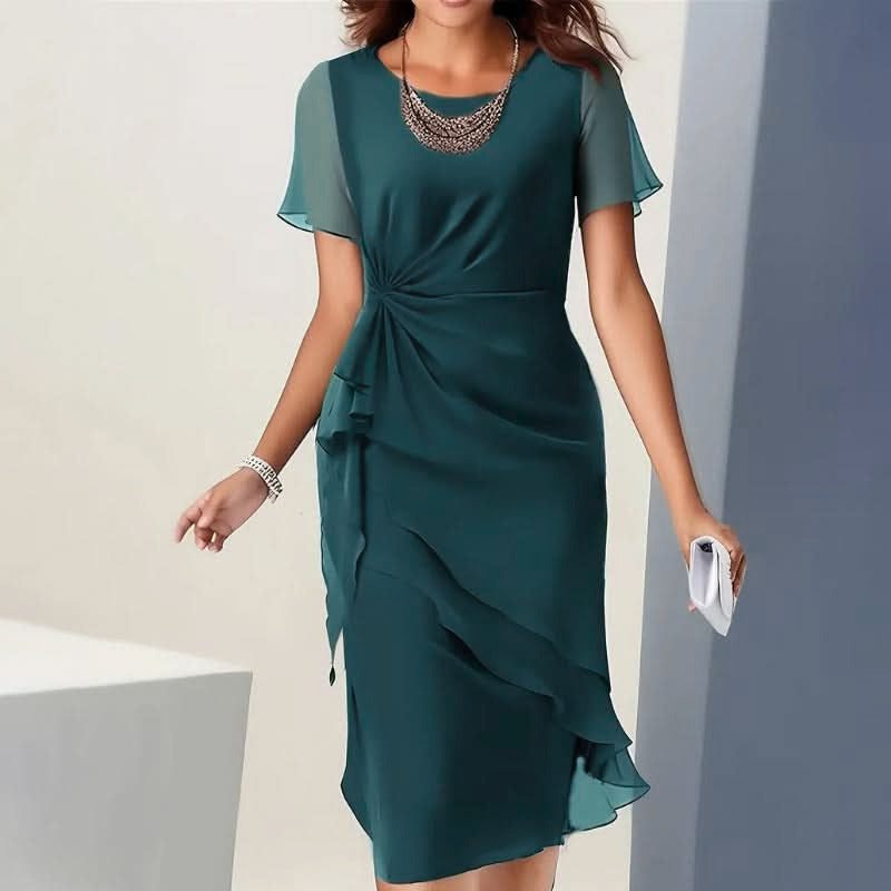 Women's Wrap Style Midi Dress with Frill Skirt - Green