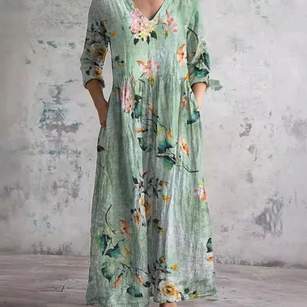 Women's Boho Floral Print V-Neck Long Sleeve Midi Dress
