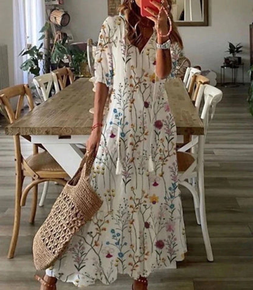 Women's Boho V-Neck Tassel-Tie Flowy Midi Dress