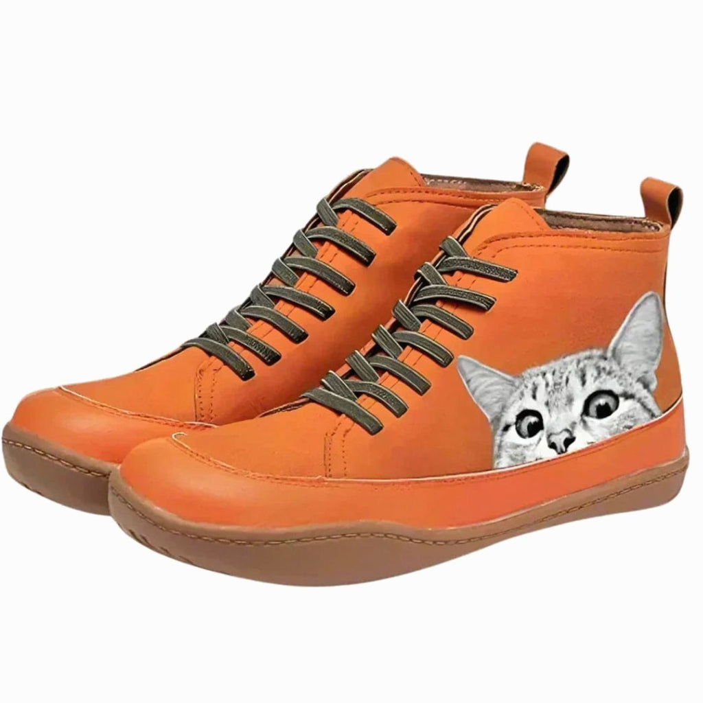Women's Peeking Kitty Faux Leather Lace-Up Boots - Orange