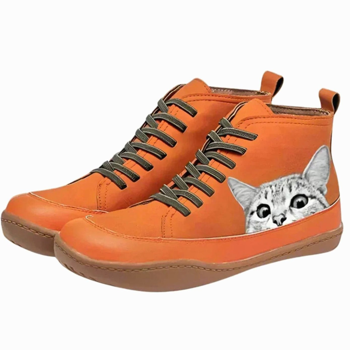 Women's Peeking Kitty Faux Leather Lace-Up Boots - Orange