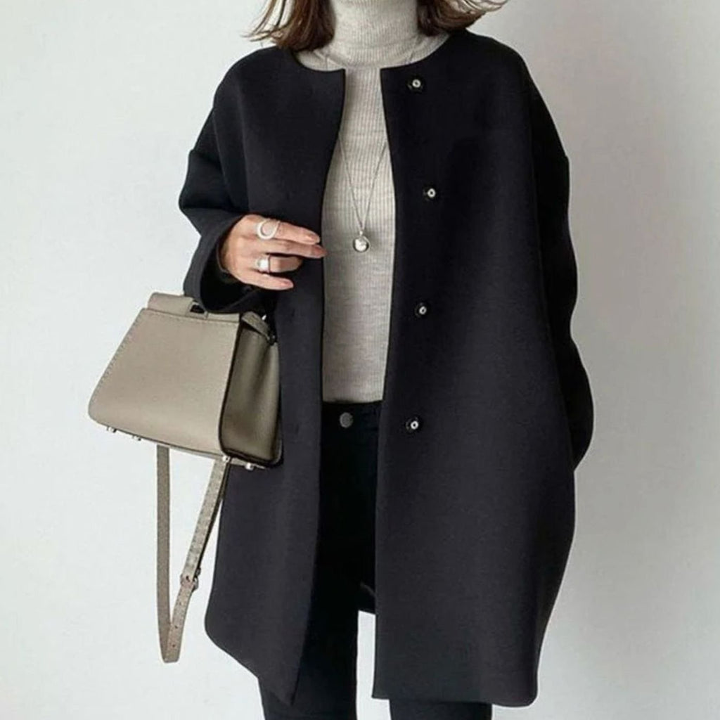 Women's Minimalist Round Neck Long Coat with Press Studs - Black