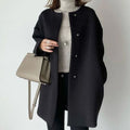 Women's Minimalist Round Neck Long Coat with Press Studs - Black