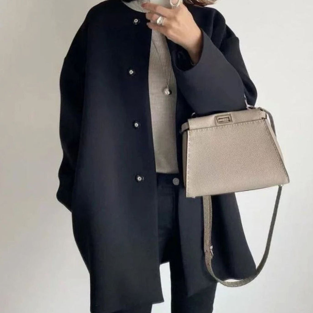 Women's Minimalist Round Neck Long Coat with Press Studs