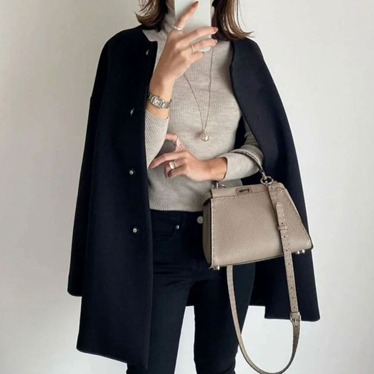 Women's Minimalist Round Neck Long Coat with Press Studs