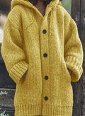 Women's Oversized Drawstring Hood Button Chunky Cardigan - Yellow