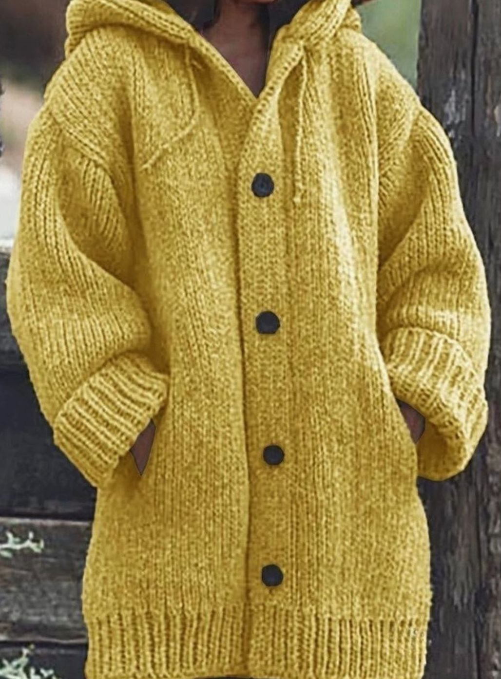 Women's Oversized Drawstring Hood Button Chunky Cardigan - Yellow