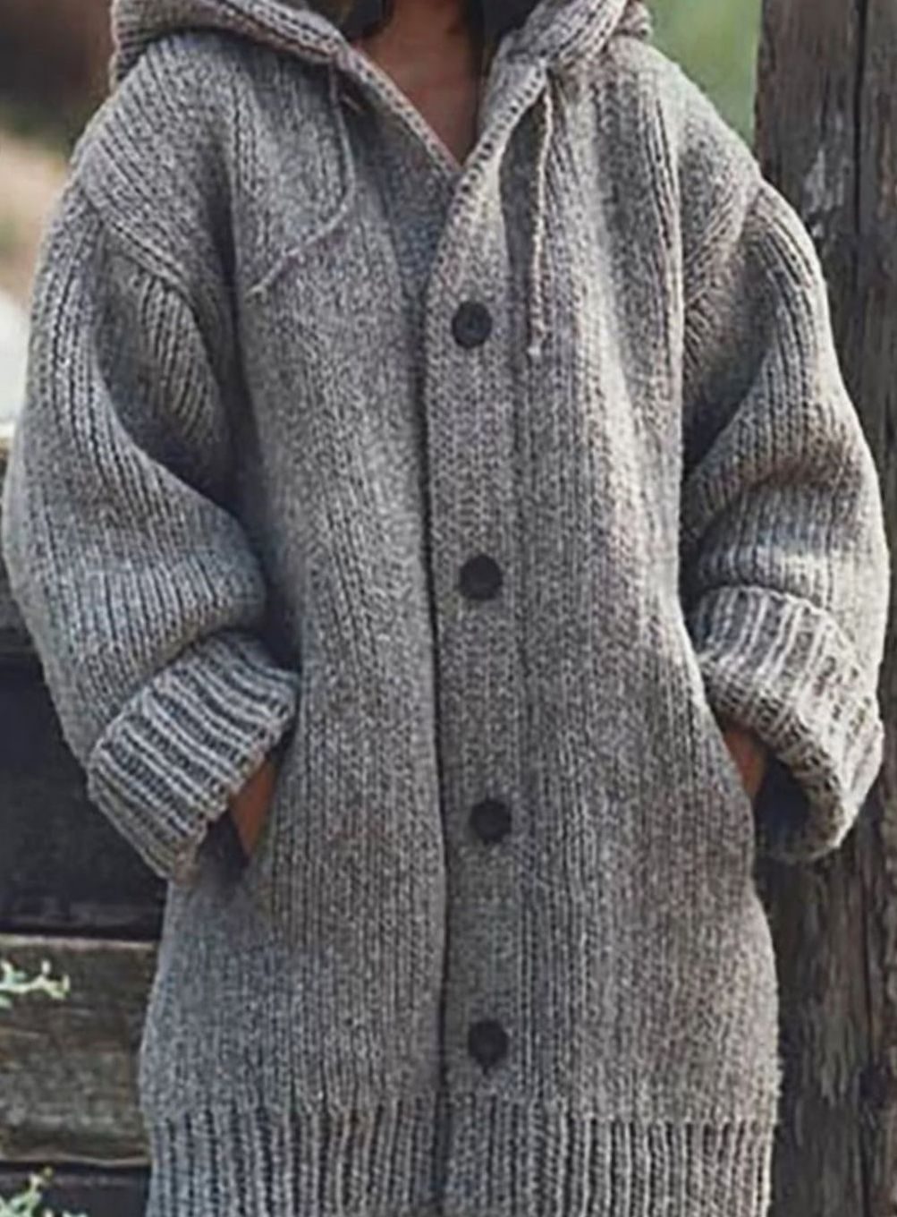 Women's Oversized Drawstring Hood Button Chunky Cardigan - Grey