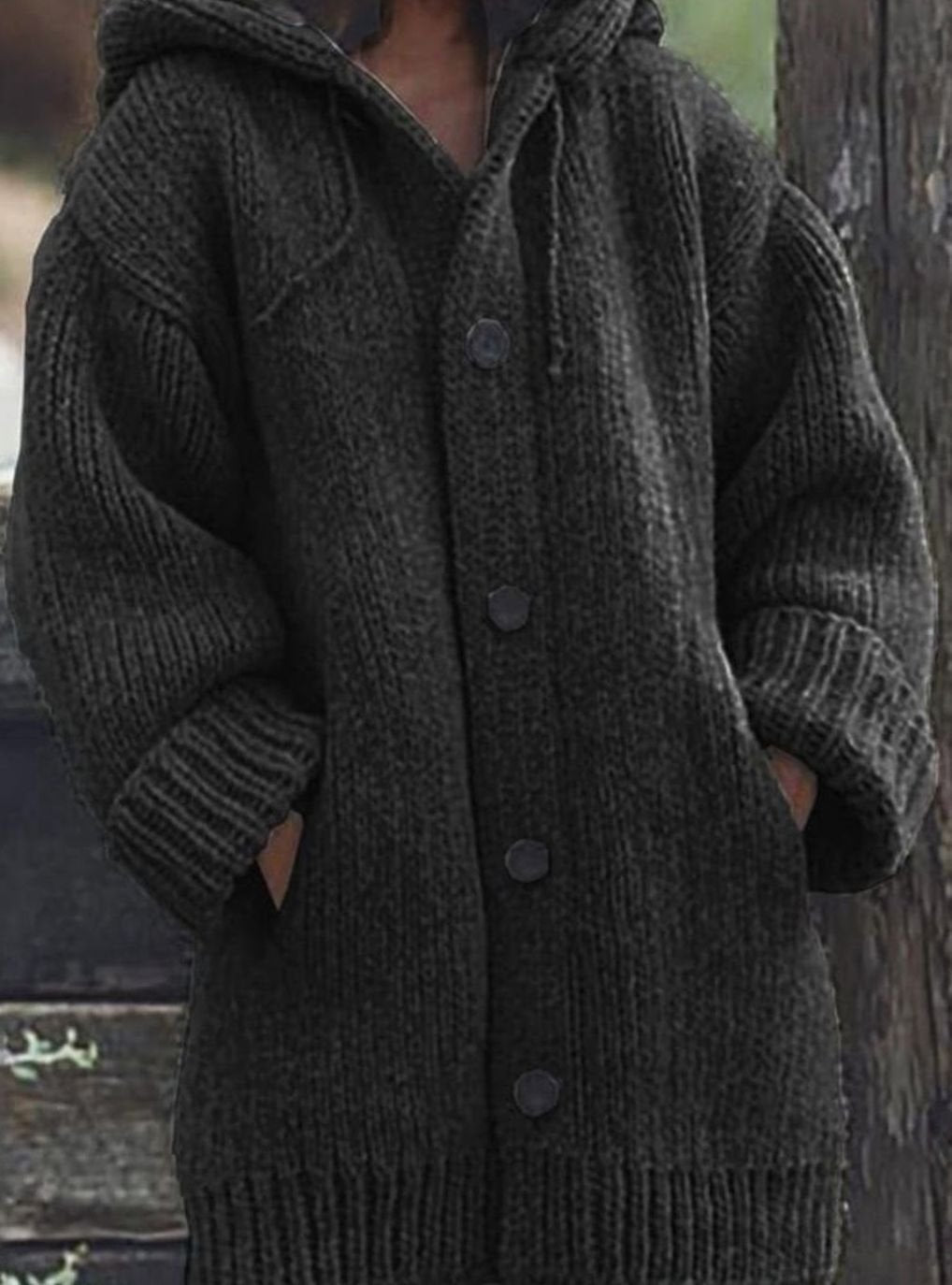 Women's Oversized Drawstring Hood Button Chunky Cardigan - Black
