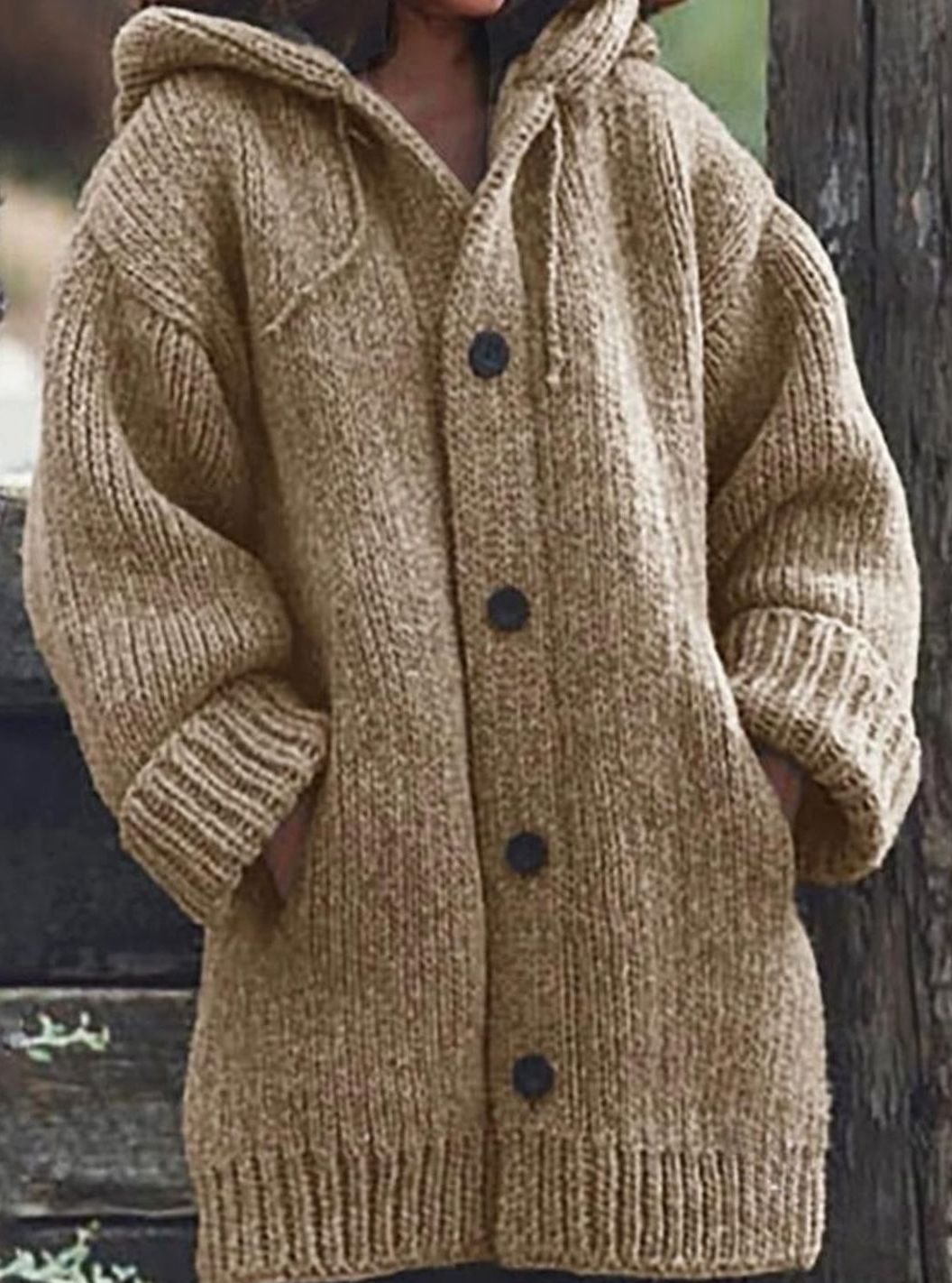 Women's Oversized Drawstring Hood Button Chunky Cardigan - Khaki