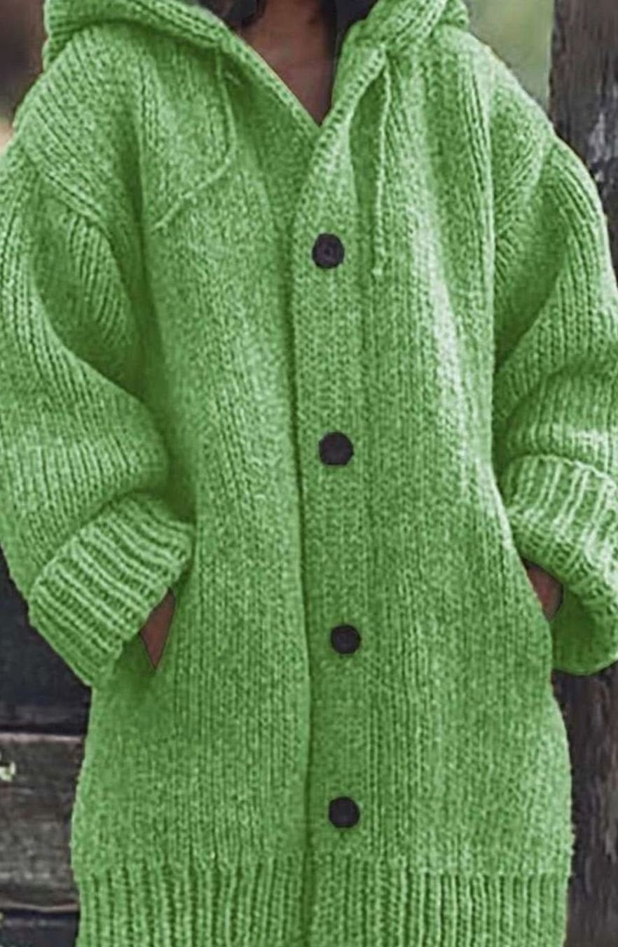 Women's Oversized Drawstring Hood Button Chunky Cardigan - Green