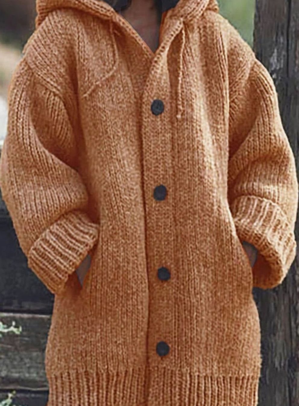 Women's Oversized Drawstring Hood Button Chunky Cardigan - Orange
