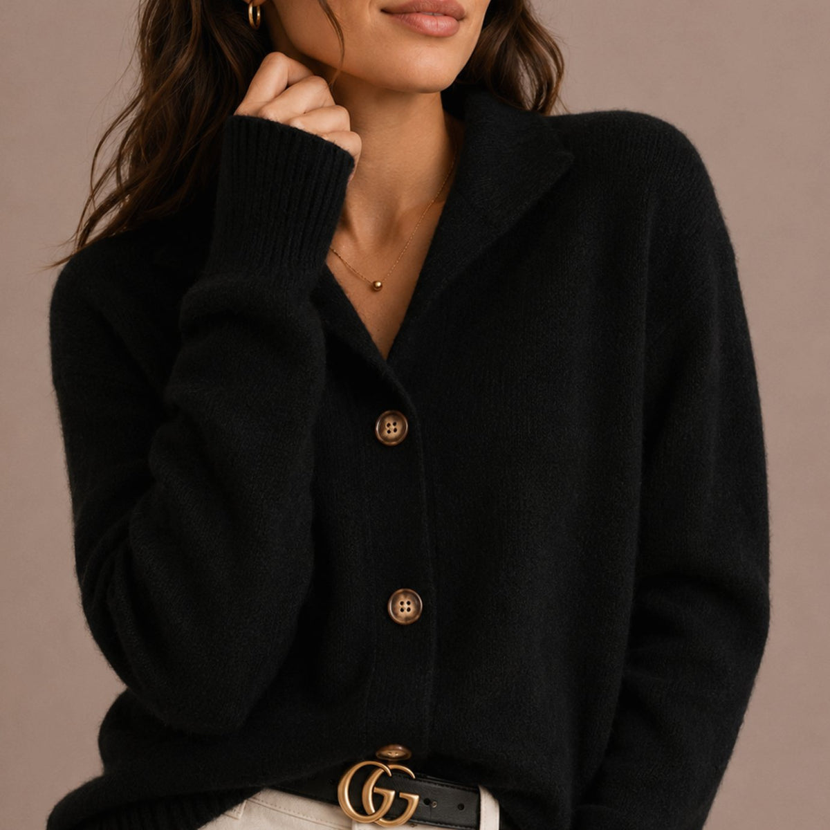 Women's Relaxed Buttoned Knit Cardigan with Collar - Black