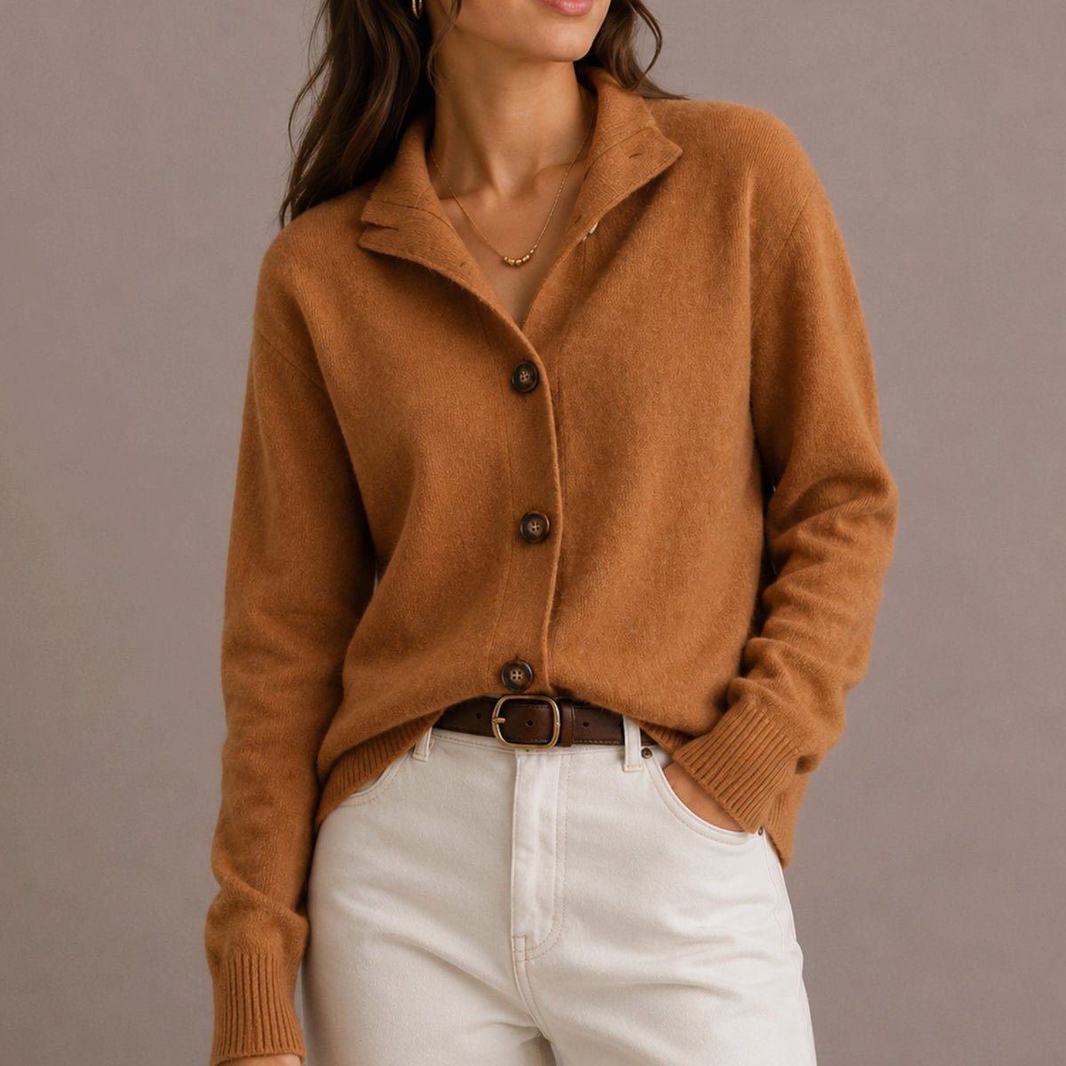 Women's Relaxed Buttoned Knit Cardigan with Collar - Brown