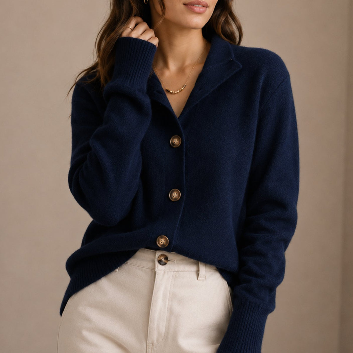 Women's Relaxed Buttoned Knit Cardigan with Collar - Navy