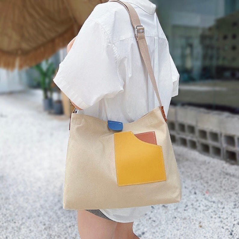 Women's Colour Block Canvas Tote Bag PU Leather Pocket