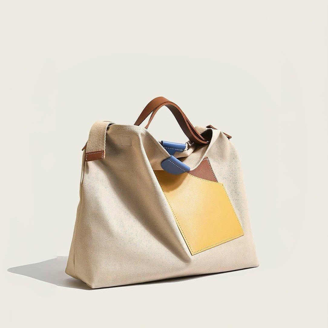Women's Colour Block Canvas Tote Bag PU Leather Pocket