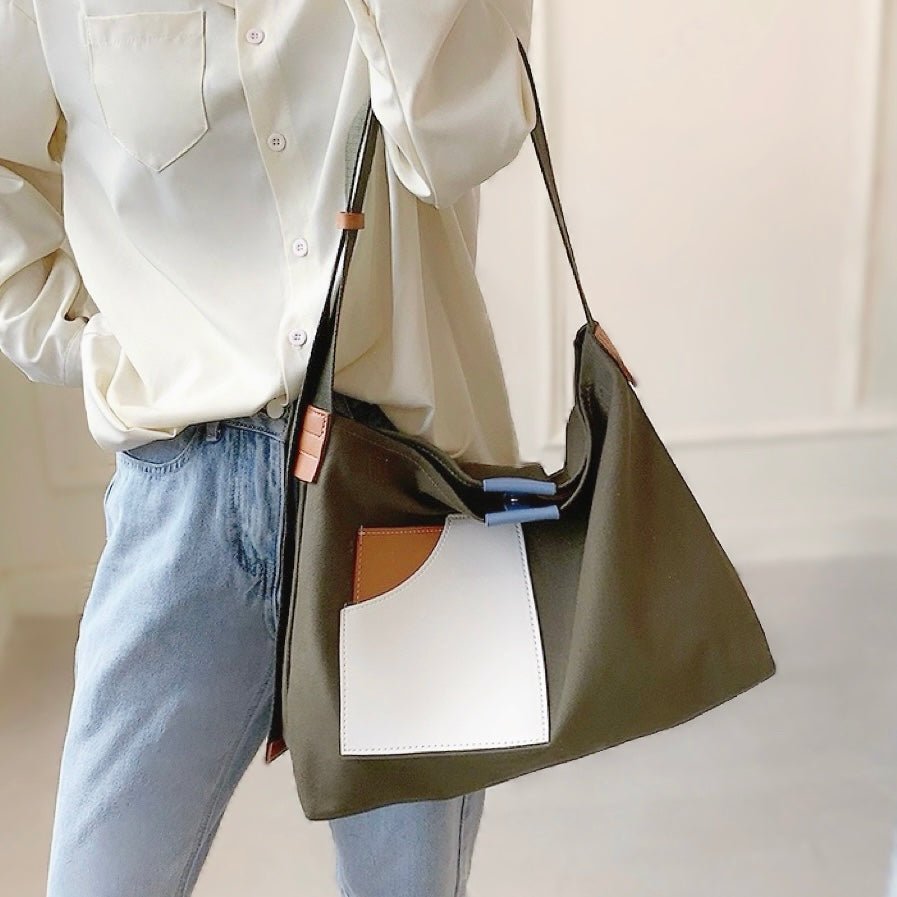 Women's Colour Block Canvas Tote Bag PU Leather Pocket