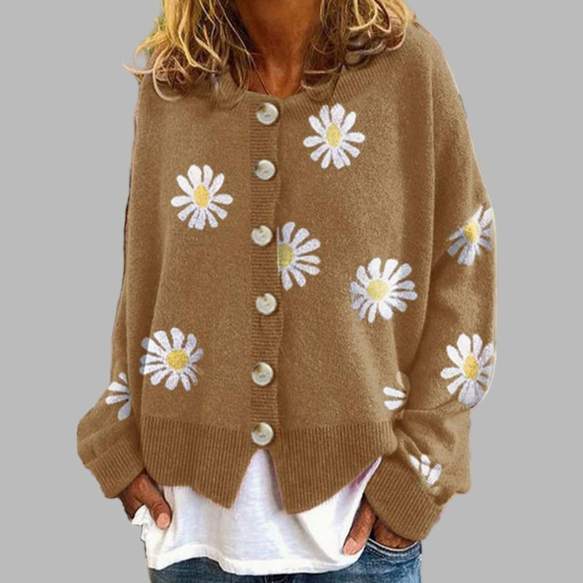 Women's Round Neck Floral Embroidered Button Cardigan - Khaki
