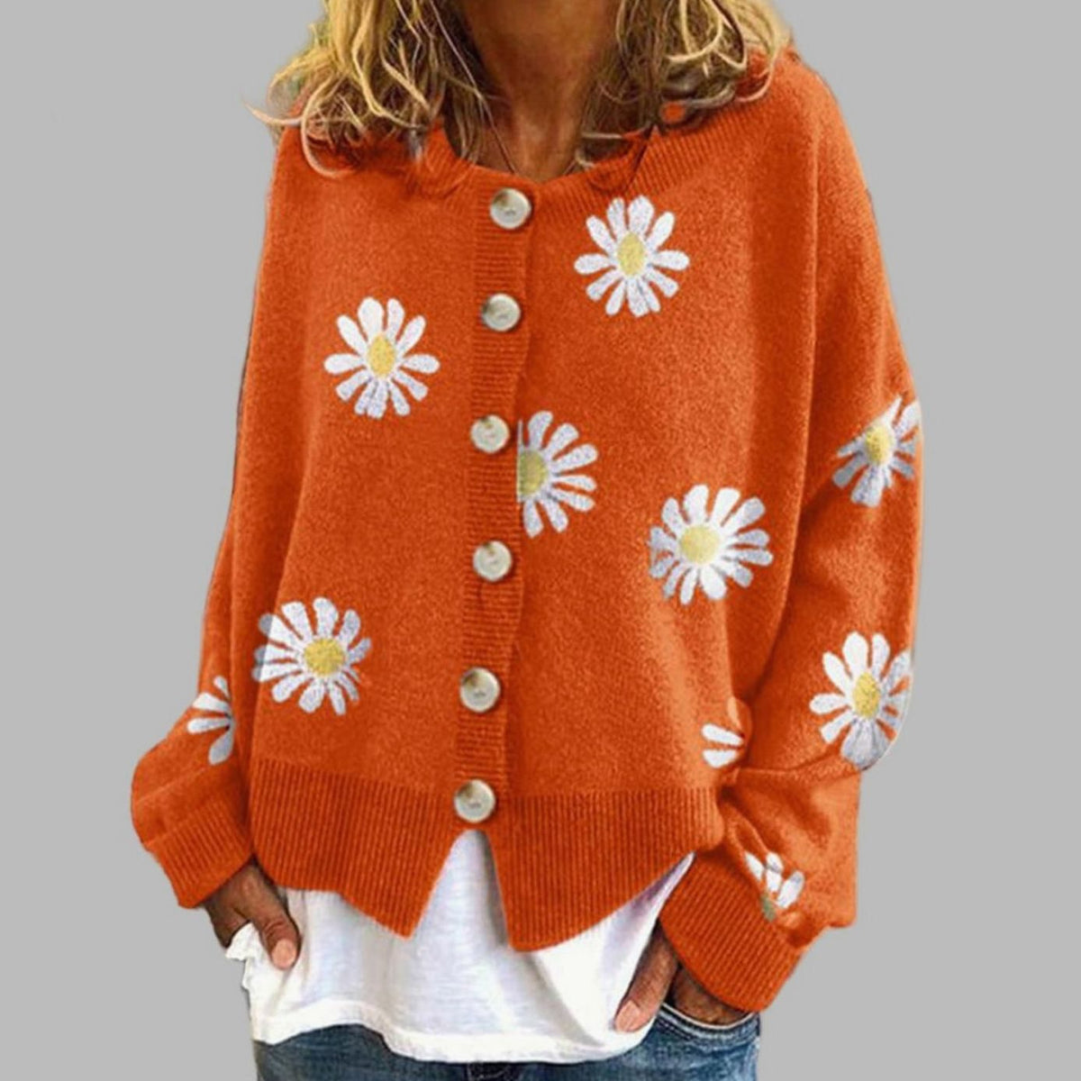Women's Round Neck Floral Embroidered Button Cardigan - Orange