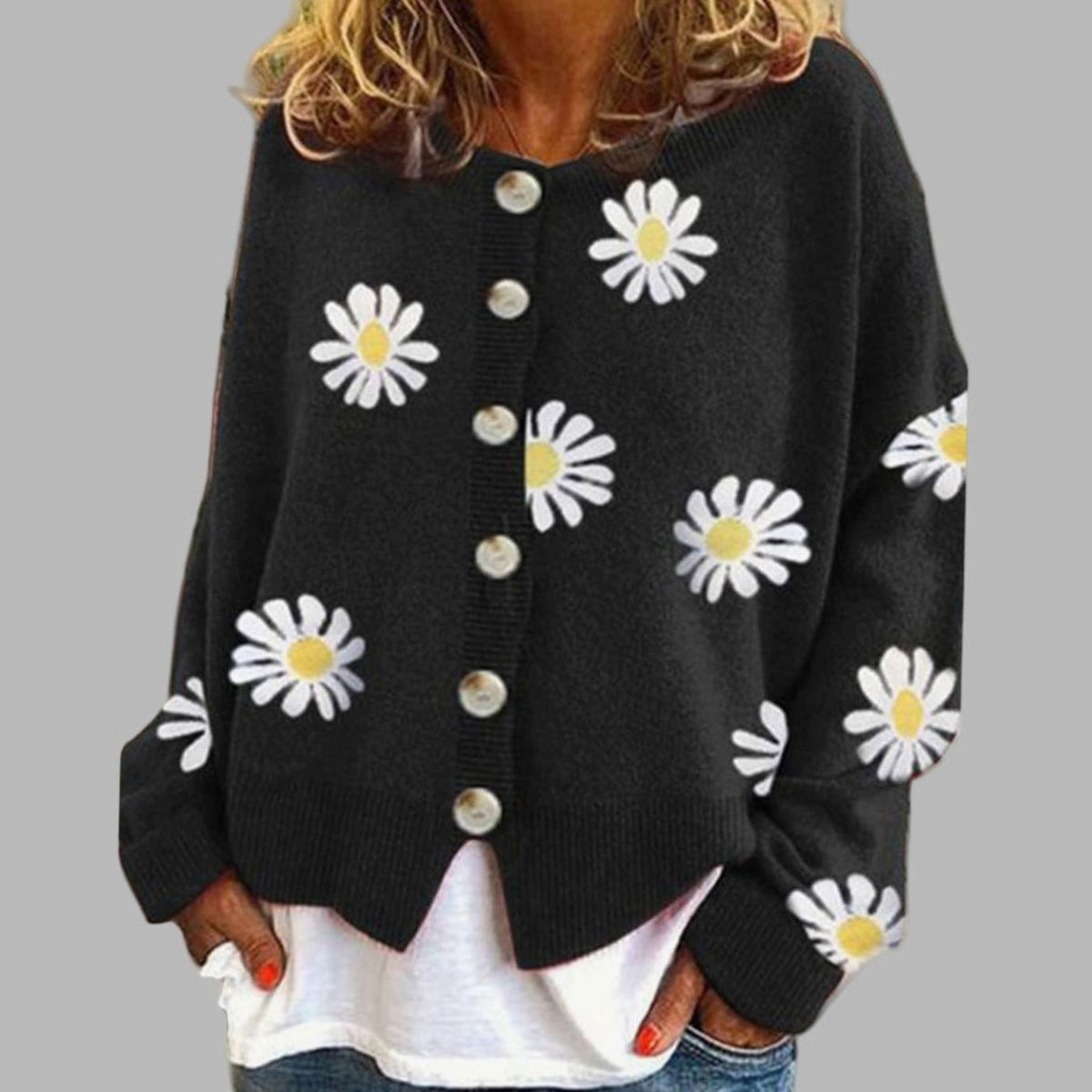 Women's Round Neck Floral Embroidered Button Cardigan - Black
