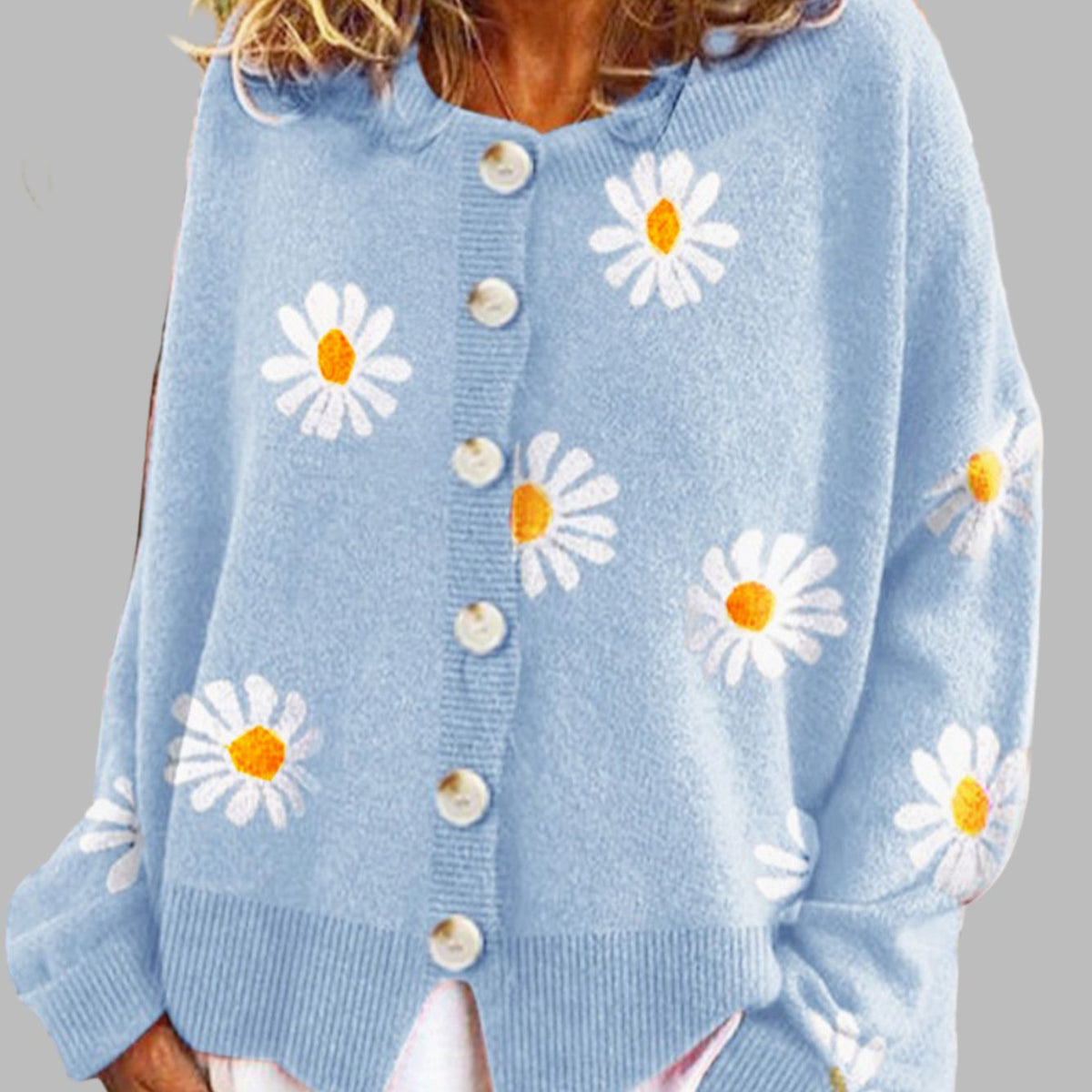 Women's Round Neck Floral Embroidered Button Cardigan - Blue