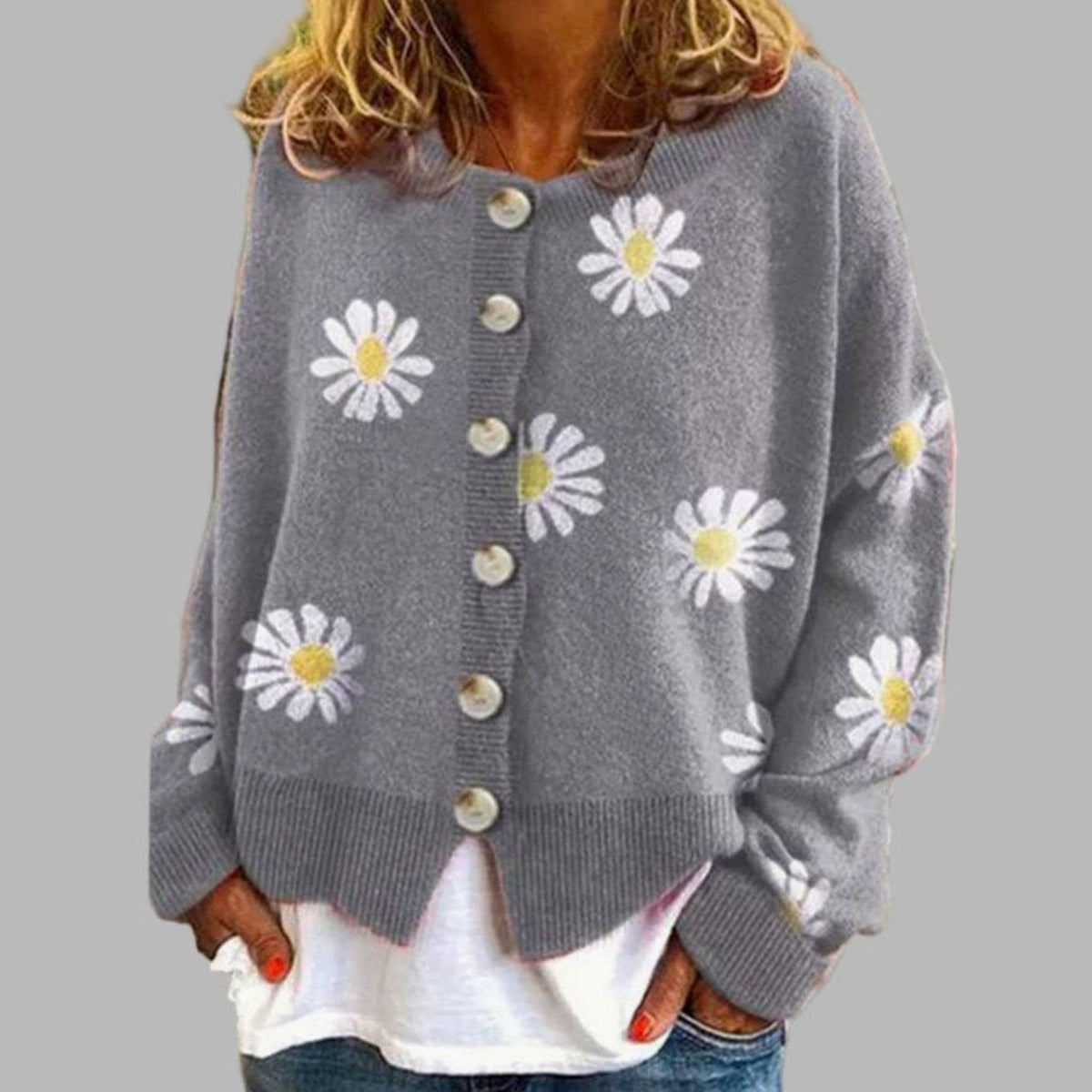 Women's Round Neck Floral Embroidered Button Cardigan - Grey