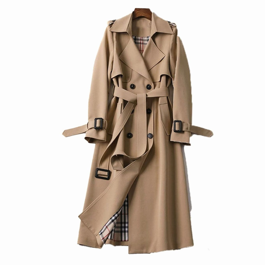 Women's Double-Breasted Belted Long Trench Coat Plaid-Lined