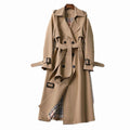 Women's Double-Breasted Belted Long Trench Coat Plaid-Lined