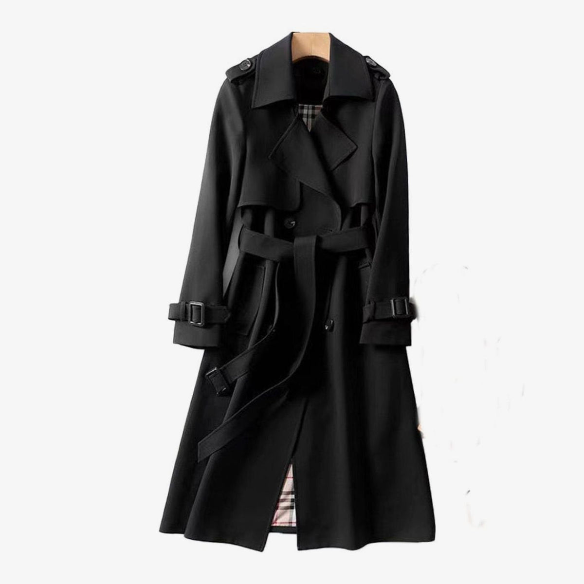 Women's Double-Breasted Belted Long Trench Coat Plaid-Lined