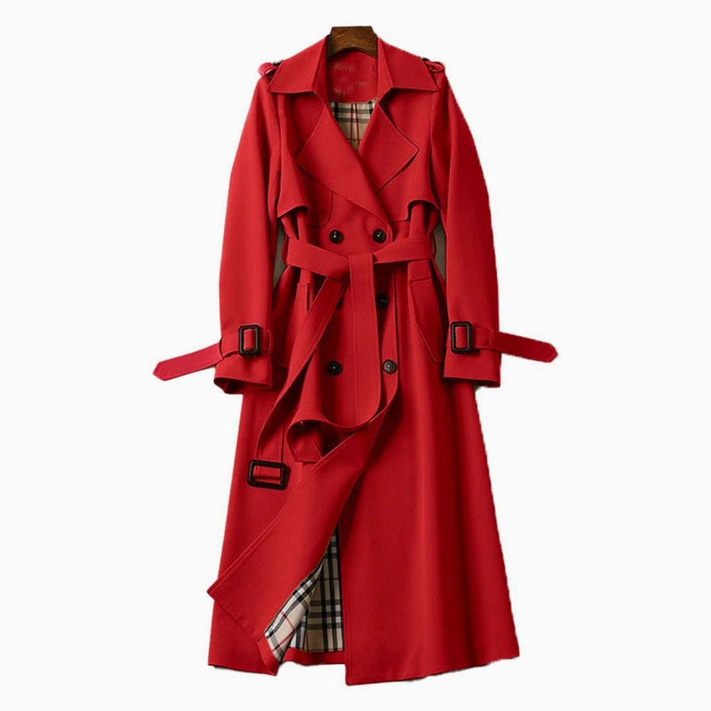 Women's Double-Breasted Belted Long Trench Coat Plaid-Lined