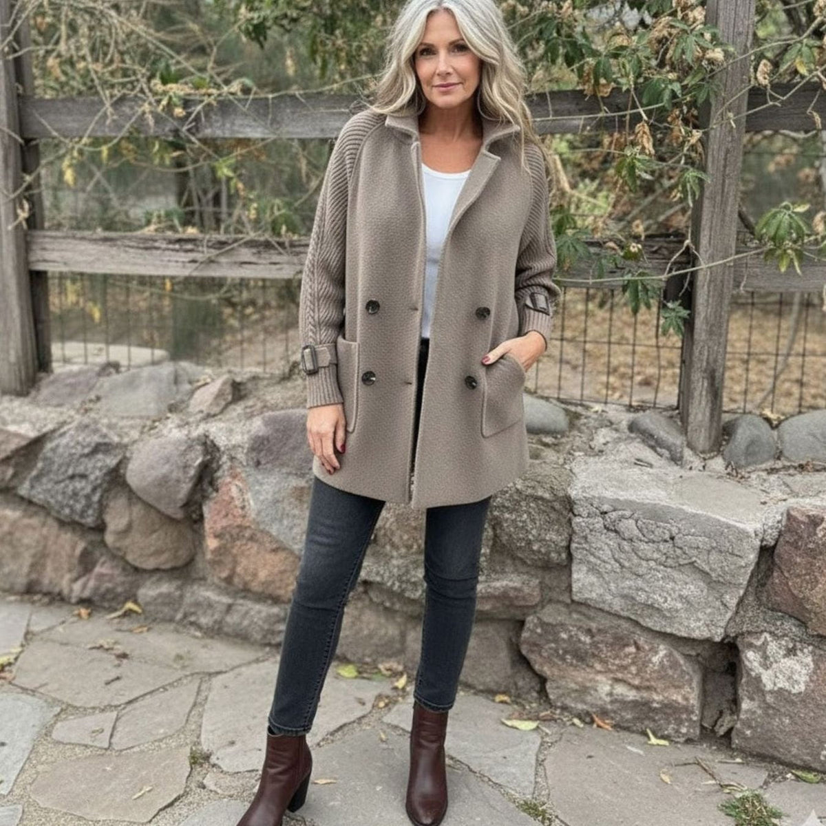 Women's Mixed Texture Mid-Length Coat with Knitted Arms