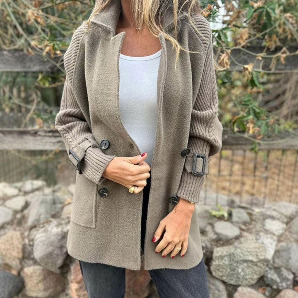 Women's Mixed Texture Mid-Length Coat with Knitted Arms - Taupe