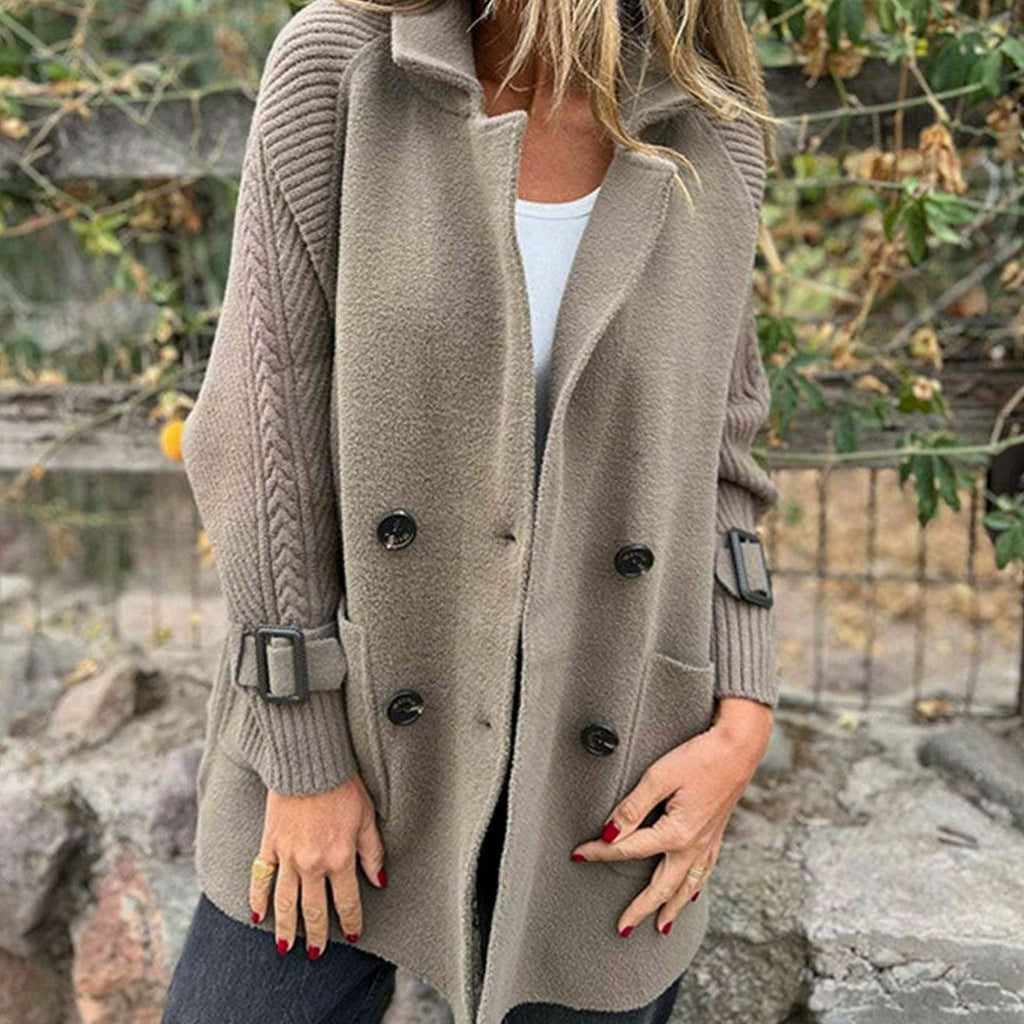 Women's Mixed Texture Mid-Length Coat with Knitted Arms