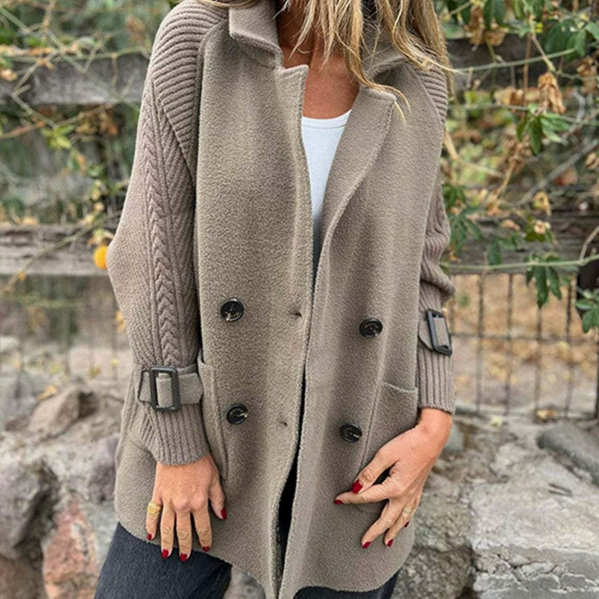 Women's Mixed Texture Mid-Length Coat with Knitted Arms
