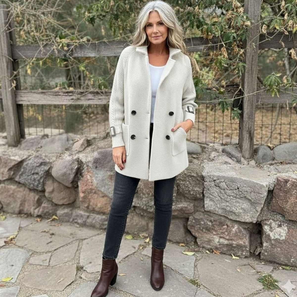 Women's Mixed Texture Mid-Length Coat with Knitted Arms