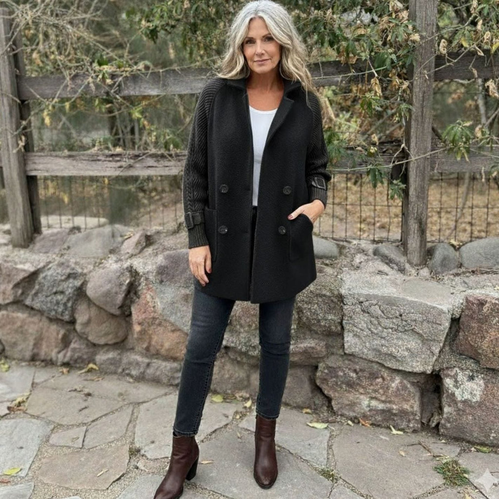 Women's Mixed Texture Mid-Length Coat with Knitted Arms