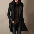 Women's Pebbled Leather Trench with Shearling Collar – Black