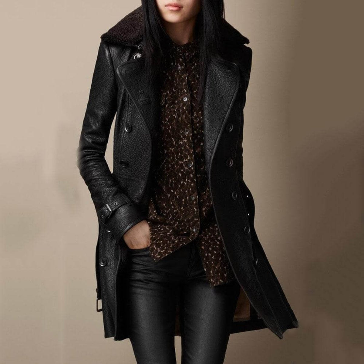 Women's Pebbled Leather Trench with Shearling Collar – Black