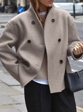 Women's Wool Pea Coat With Wind-Blocking Stand Collar - Taupe