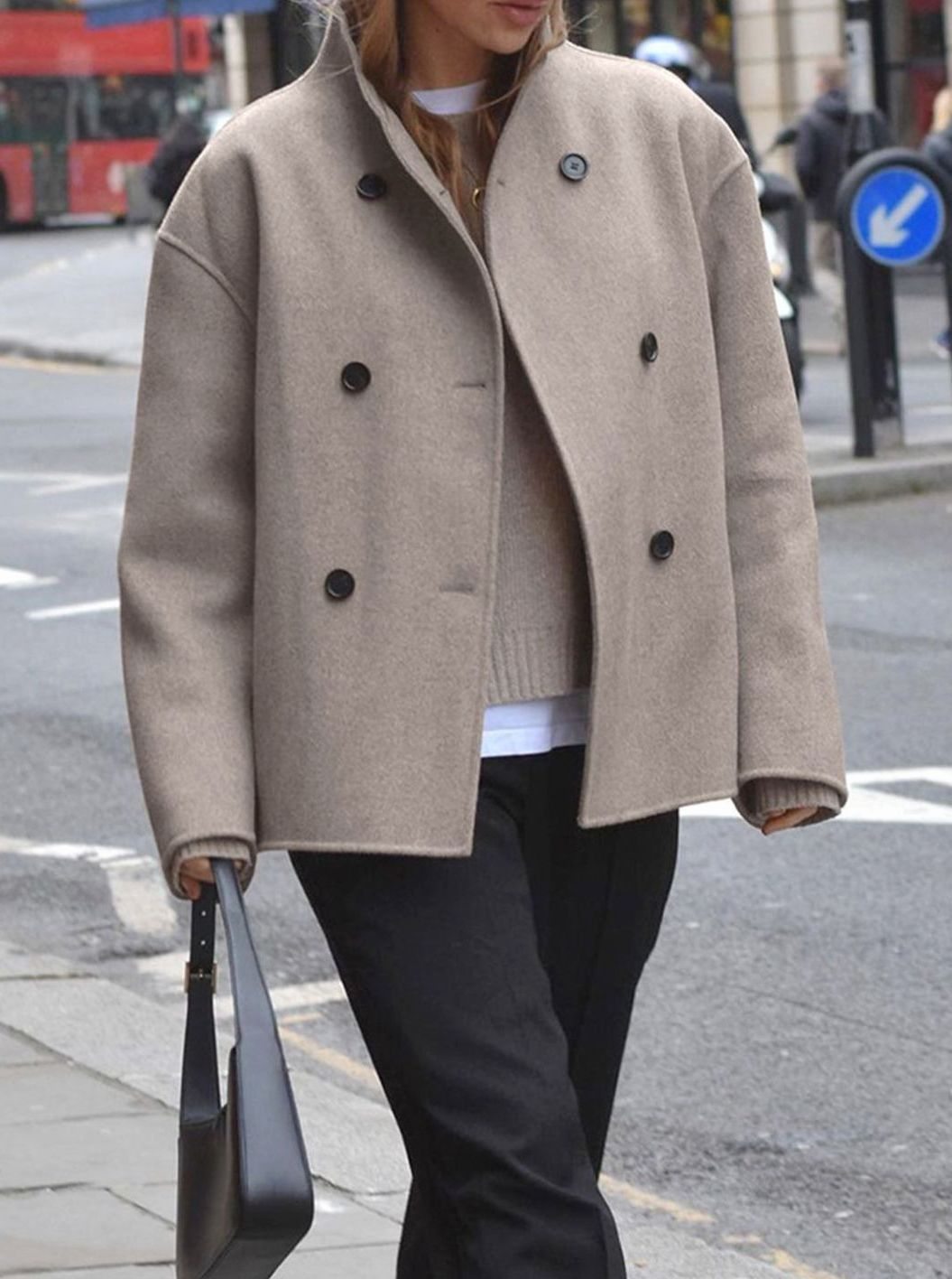 Women's Wool Pea Coat With Wind-Blocking Stand Collar