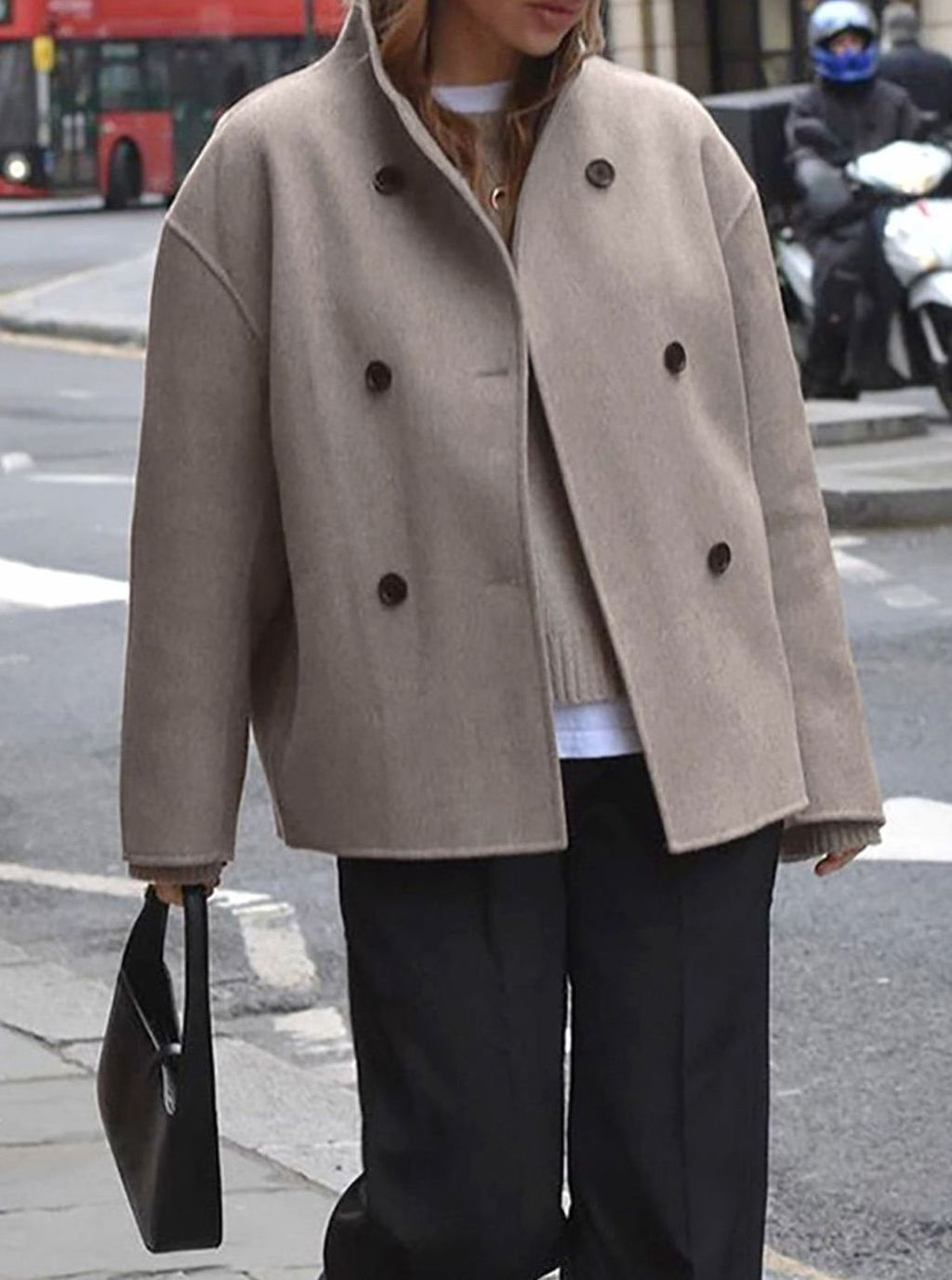 Women's Wool Pea Coat With Wind-Blocking Stand Collar