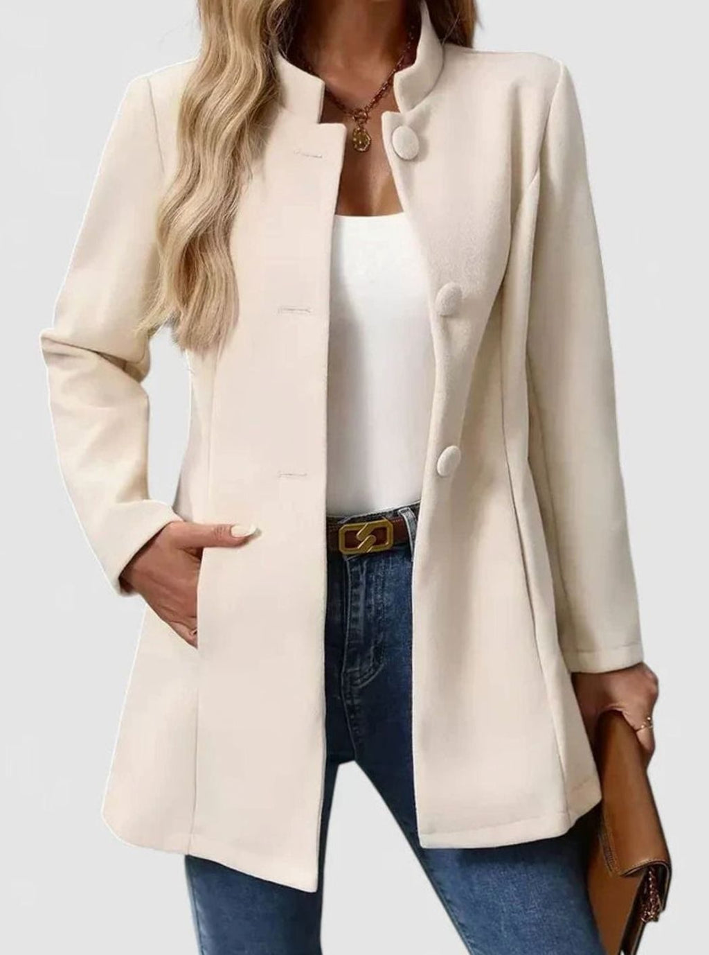 Women's Contoured Mid-Thigh Office Jacket With Front Buttons - Cream