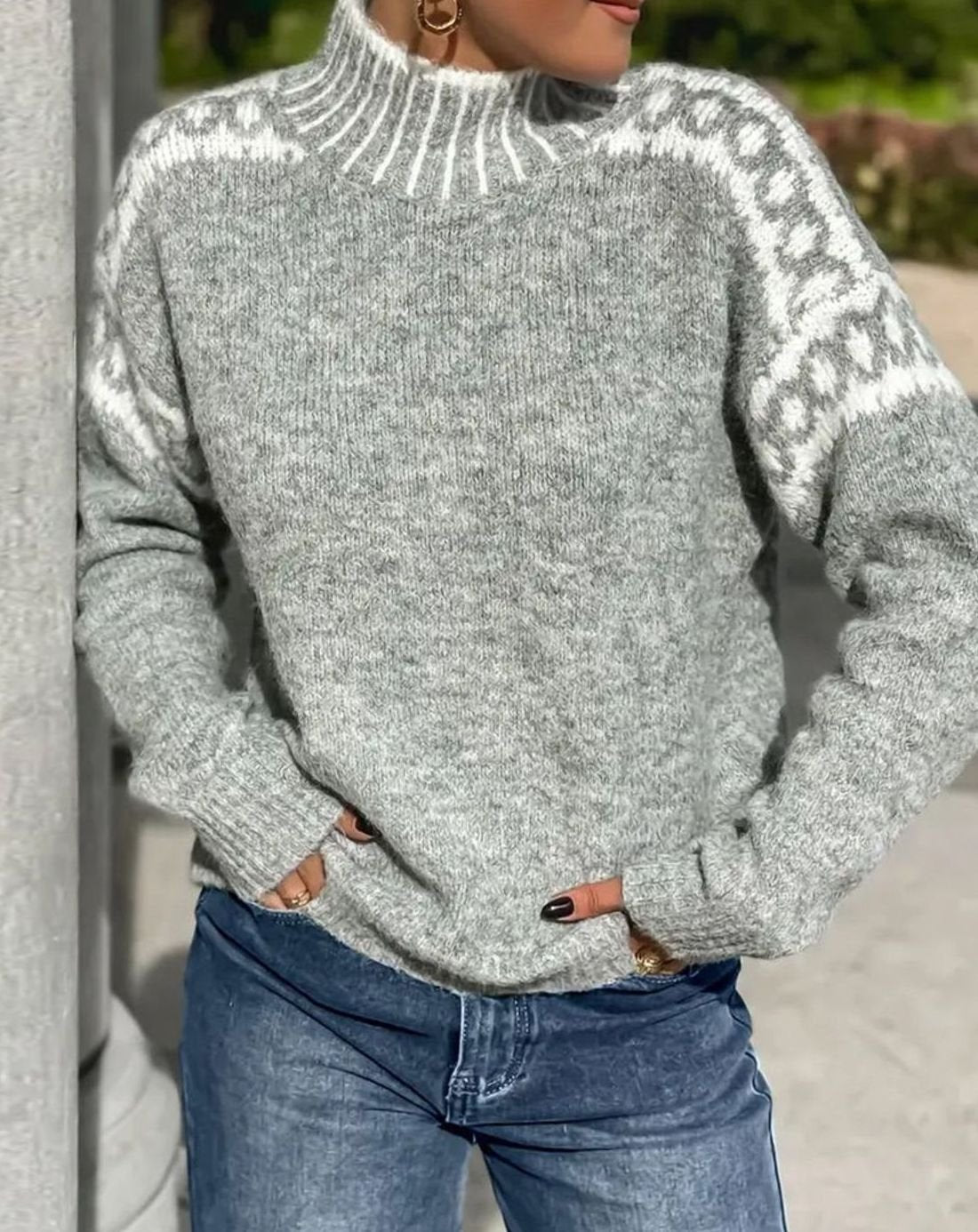 Women's Relaxed Knit Pullover with Fair Isle Neckline Band - Grey