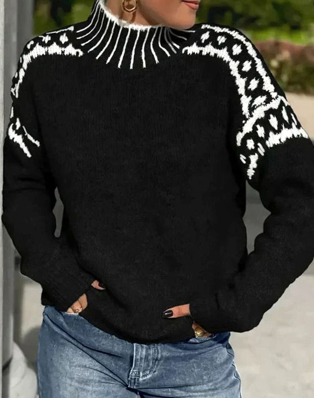 Women's Relaxed Knit Pullover with Fair Isle Neckline Band - Black