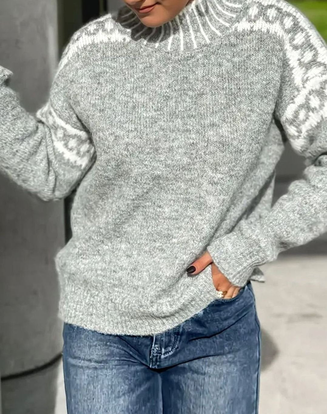 Women's Relaxed Knit Pullover with Fair Isle Neckline Band