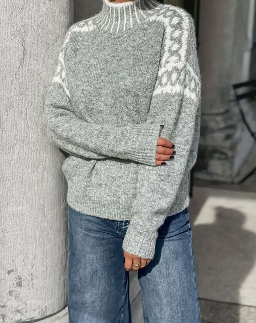 Women's Relaxed Knit Pullover with Fair Isle Neckline Band