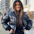 Women's Snap-Hood Shiny Quilted Faux Leather Puffer Coat - Black