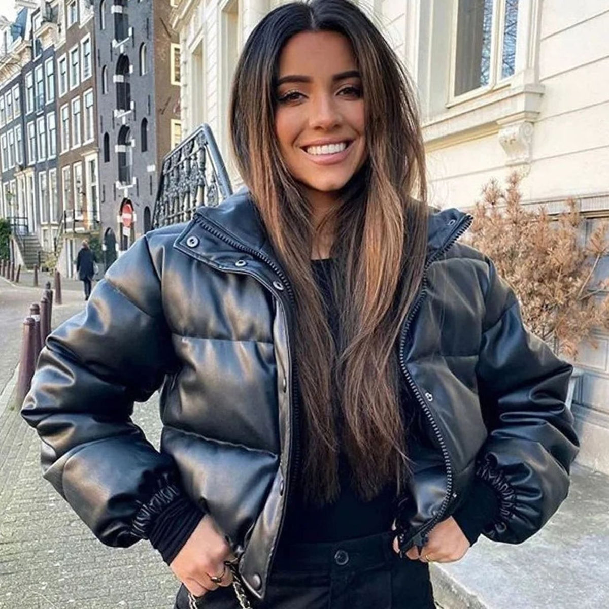 Women's Snap-Hood Shiny Quilted Faux Leather Puffer Coat - Black