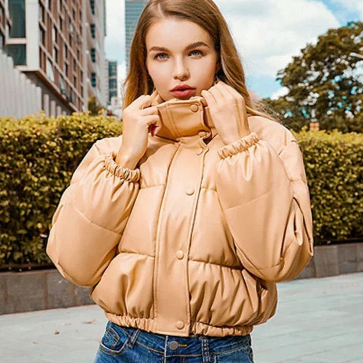 Women's Snap-Hood Shiny Quilted Faux Leather Puffer Coat
